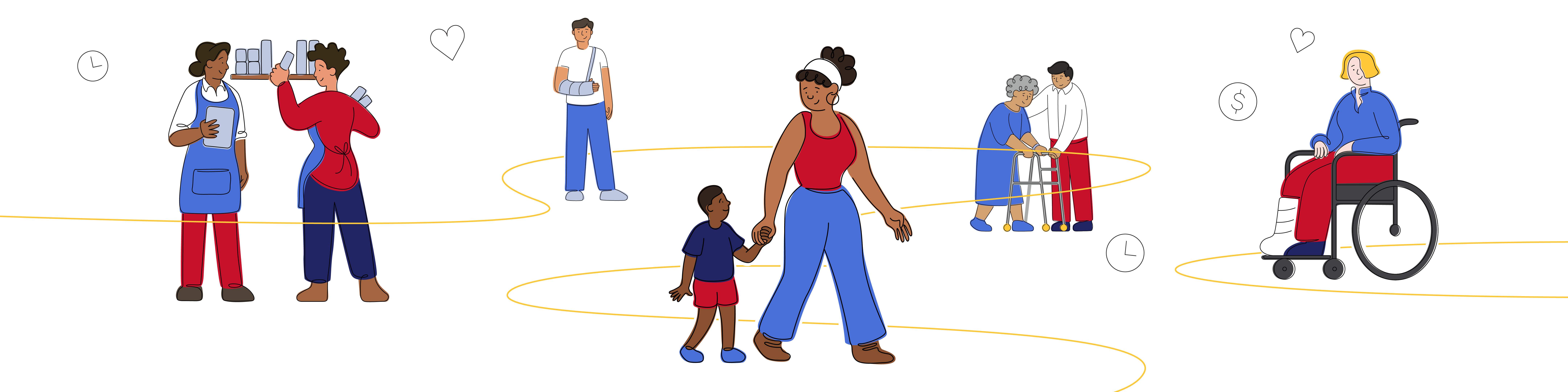 Illustrations show a variety of people in work and caregiving situations. 
           Small drawings of hearts, clocks, and dollar signs float between the illustrations
           suggesting that each of these scenarios are connected through care, time, and money.